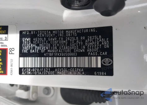 2016 Toyota Camry Se z USA, uszkodzony, nr VIN 4T1BF1FKXGU506603